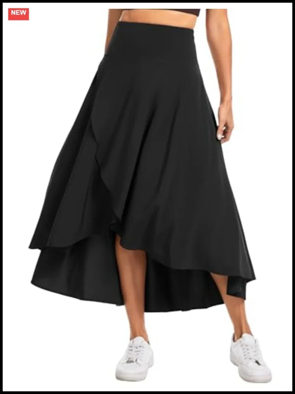 High Waist Flowy Wrap Skort with Built-In Shorts and Pockets, Asymmetric Ruffle